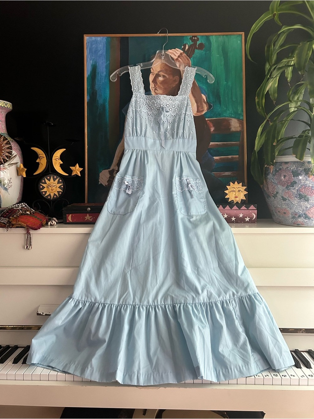 Vintage Girls Blue Eyelet Lace Maxi Prairie Dress Size 13-14 Cottagecore